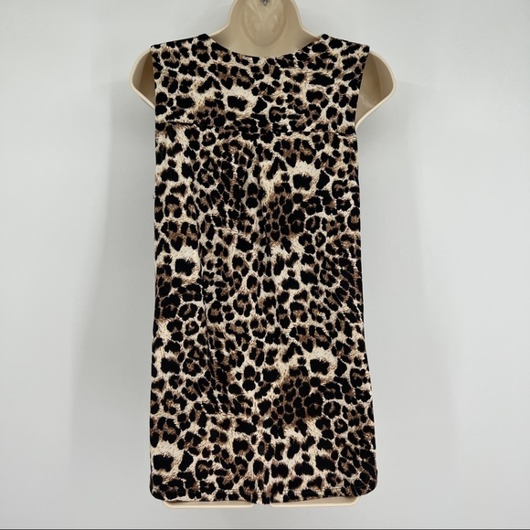 Beacon leopard gathered surplice wrap sleeveless flounce brown cream tank top. - Picture 6 of 9